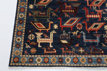 182 x 274 cm | Birds Navy Blue Hand Knotted Wool Afghan Carpet