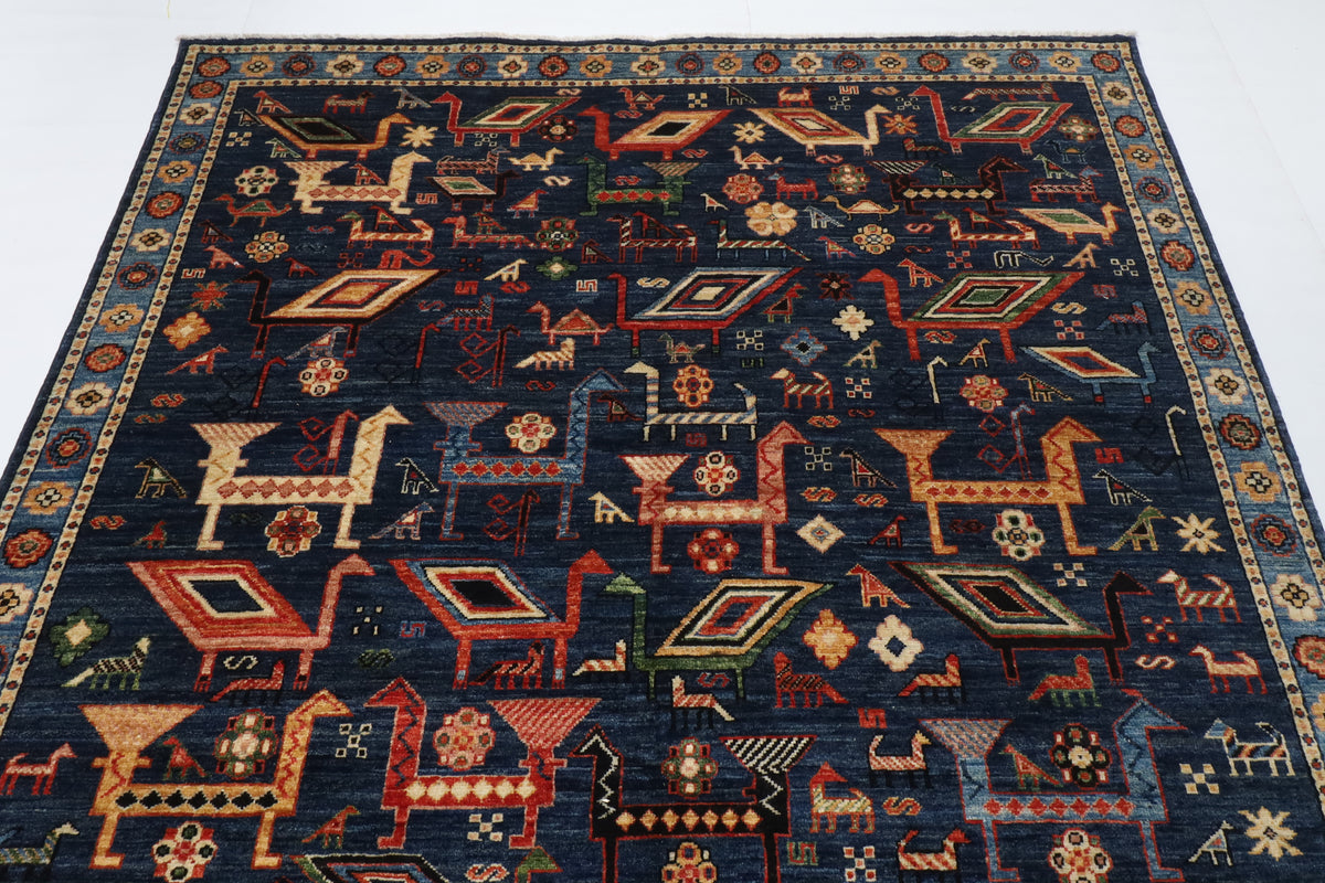 182 x 274 cm | Birds Navy Blue Hand Knotted Wool Afghan Carpet