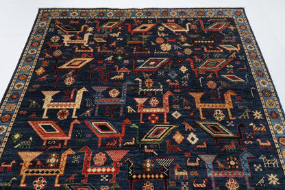 182 x 274 cm | Birds Navy Blue Hand Knotted Wool Afghan Carpet