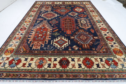 298 x 389 cm | Geometric Blue Area Rug Afghan Hand Knotted Veg Dye Wool carpet