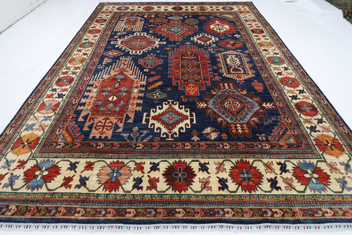 298 x 389 cm | Geometric Blue Area Rug Afghan Hand Knotted Veg Dye Wool carpet