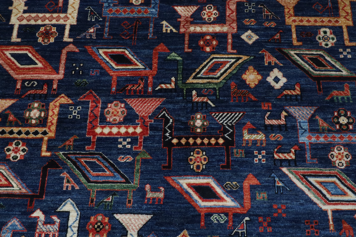 182 x 274 cm | Birds Navy Blue Hand Knotted Wool Afghan Carpet