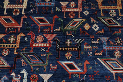 182 x 274 cm | Birds Navy Blue Hand Knotted Wool Afghan Carpet