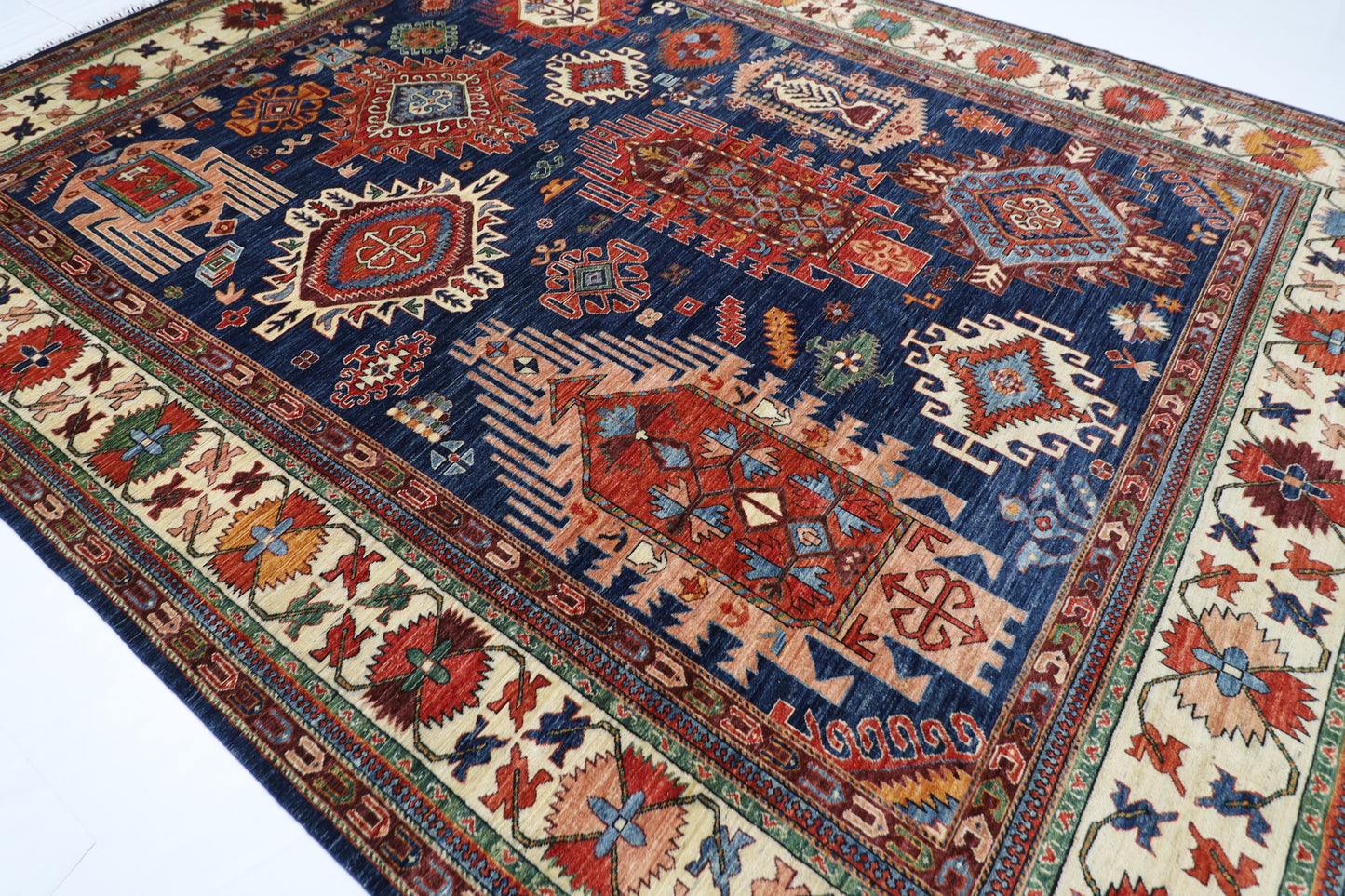 298 x 389 cm | Geometric Blue Area Rug Afghan Hand Knotted Veg Dye Wool carpet