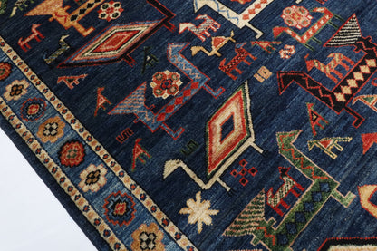 182 x 274 cm | Birds Navy Blue Hand Knotted Wool Afghan Carpet