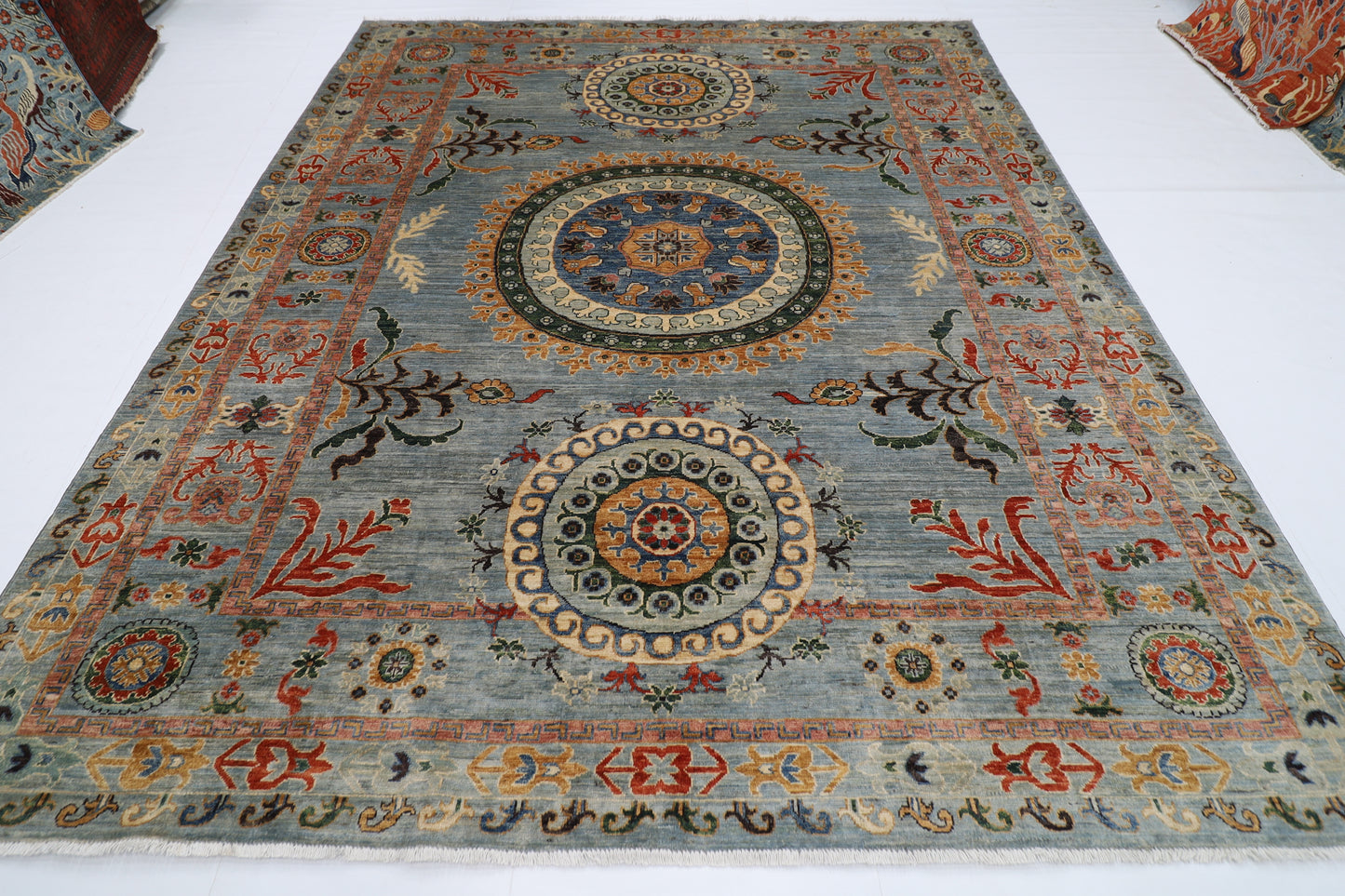 248 x 304 cm | Suzani Gray Area Rug Afghan Hand Knotted veg Dye Wool carpet