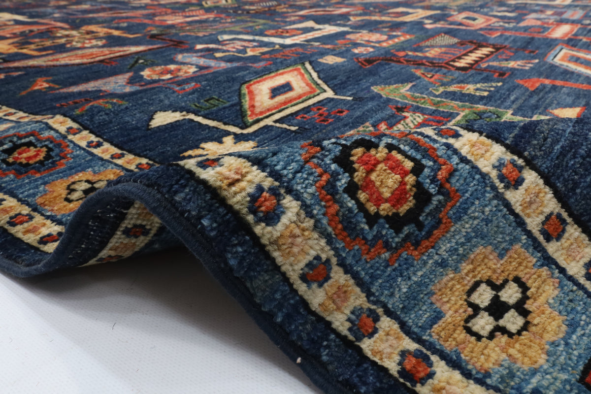 182 x 274 cm | Birds Navy Blue Hand Knotted Wool Afghan Carpet