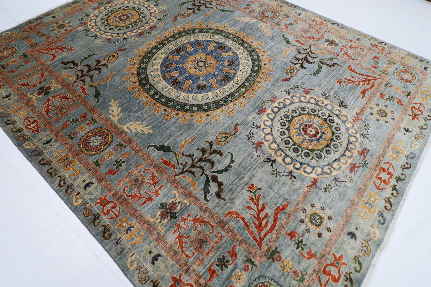 248 x 304 cm | Suzani Gray Area Rug Afghan Hand Knotted veg Dye Wool carpet