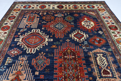 298 x 389 cm | Geometric Blue Area Rug Afghan Hand Knotted Veg Dye Wool carpet