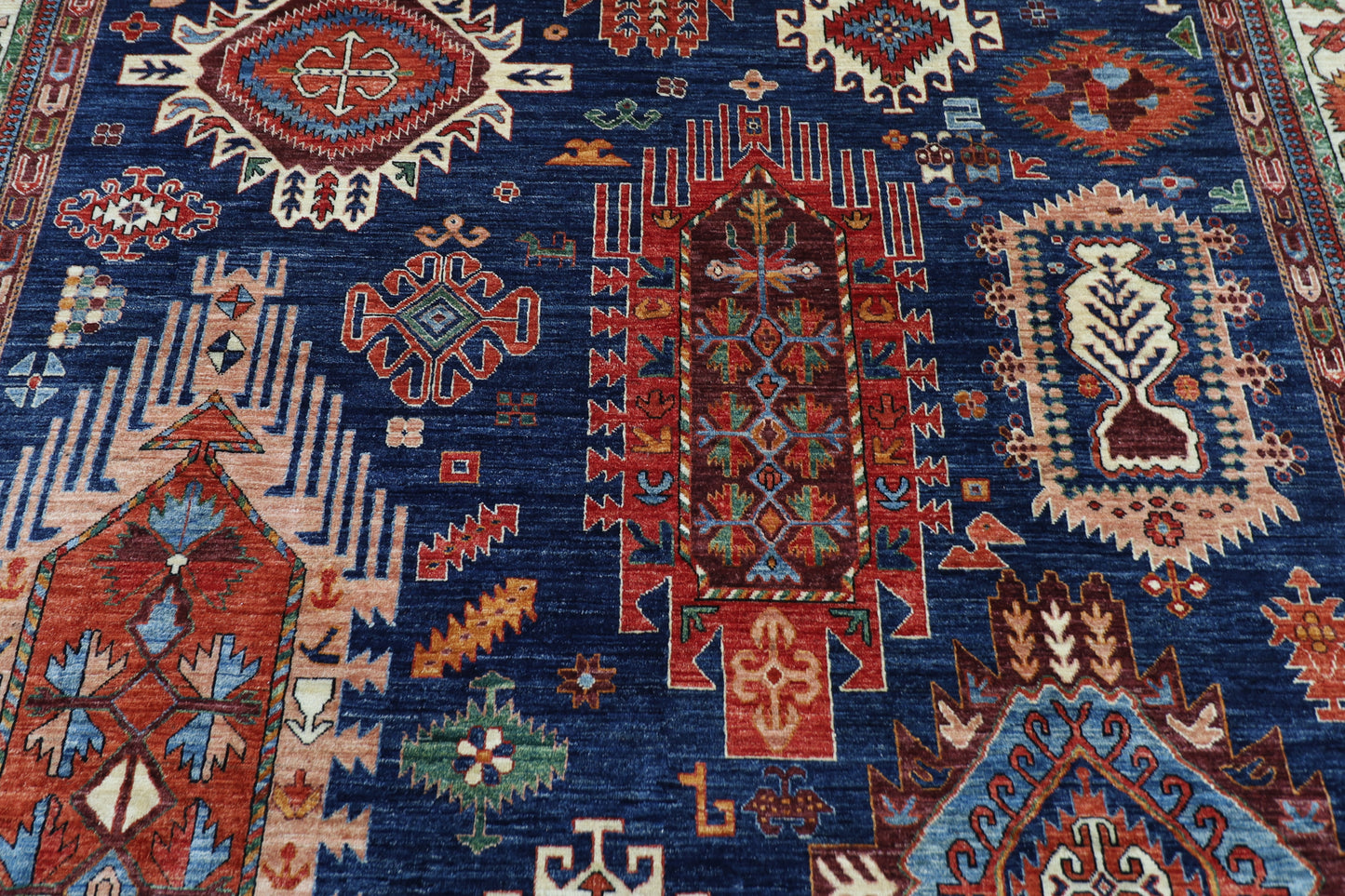 298 x 389 cm | Geometric Blue Area Rug Afghan Hand Knotted Veg Dye Wool carpet