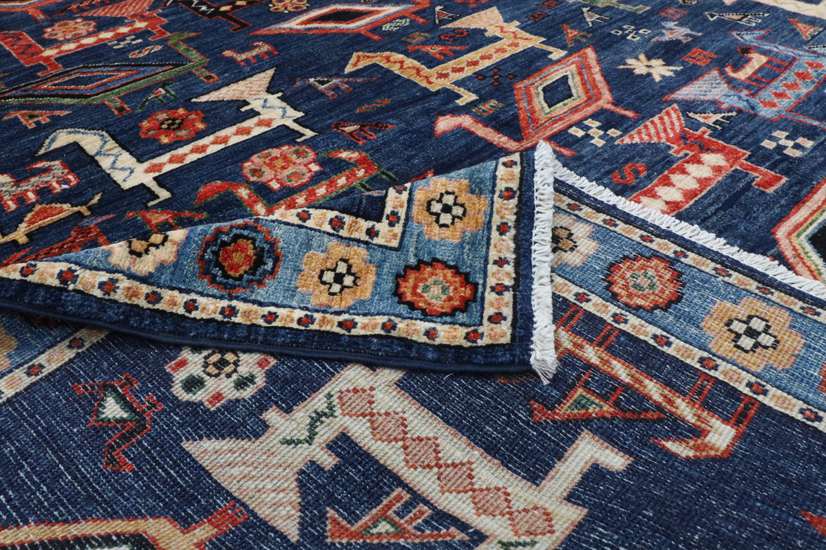 182 x 274 cm | Birds Navy Blue Hand Knotted Wool Afghan Carpet