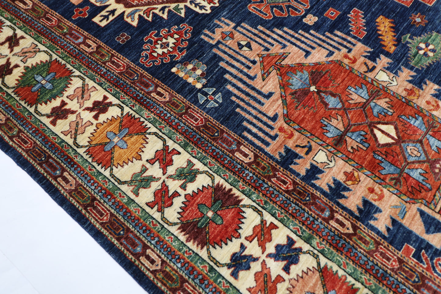 298 x 389 cm | Geometric Blue Area Rug Afghan Hand Knotted Veg Dye Wool carpet