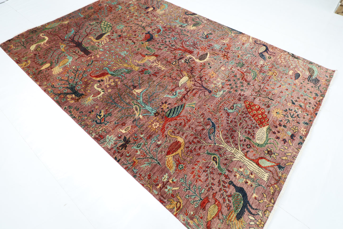 202 x 301 cm | Birds Pink Design Area Rug Afghan Hand Knotted Veg Dye Wool carpet