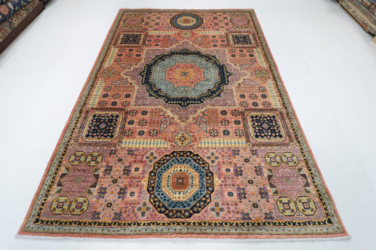 198 x 286 cm | Mamluk Pink Hand Knotted Wool Afghan Carpet