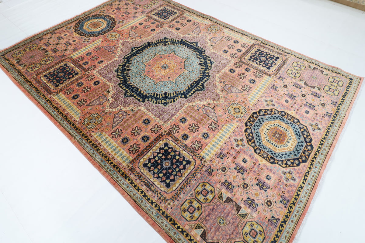 198 x 286 cm | Mamluk Pink Hand Knotted Wool Afghan Carpet