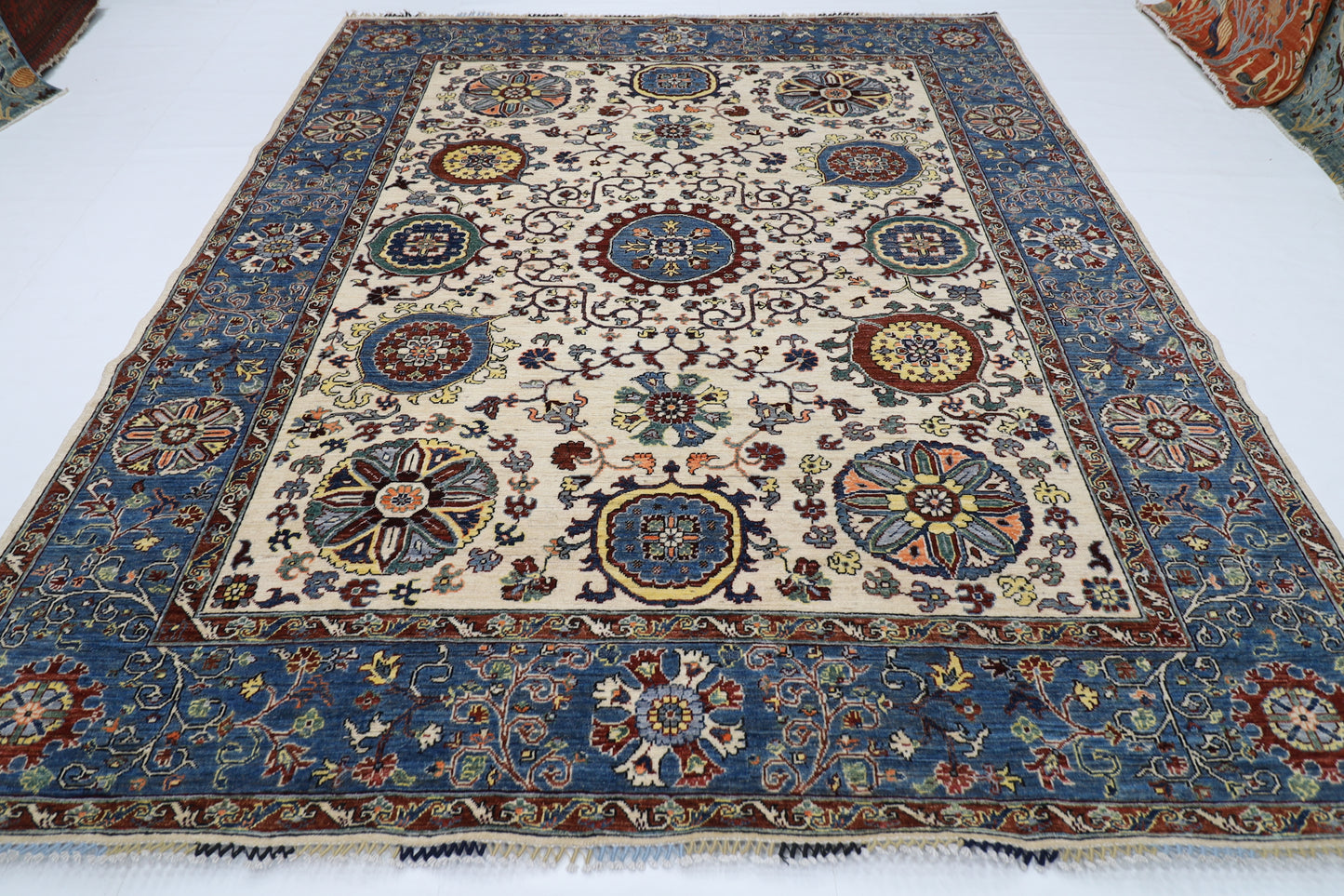 248 x 294 cm | Suzani beige Area Rug Afghan Hand Knotted veg Dye Wool carpet