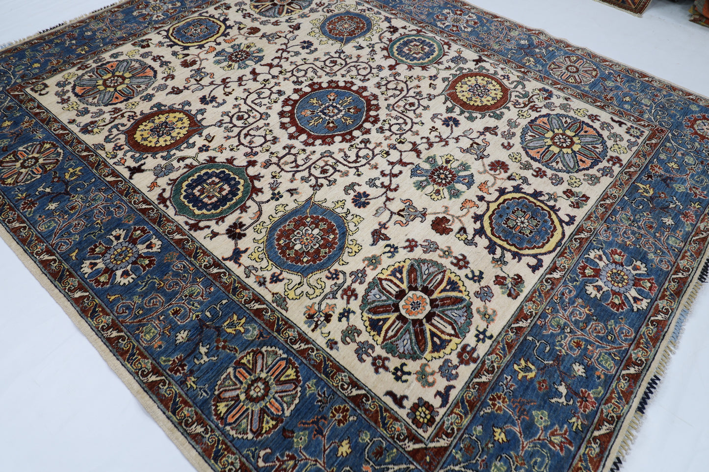 248 x 294 cm | Suzani beige Area Rug Afghan Hand Knotted veg Dye Wool carpet