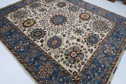248 x 294 cm | Suzani beige Area Rug Afghan Hand Knotted veg Dye Wool carpet