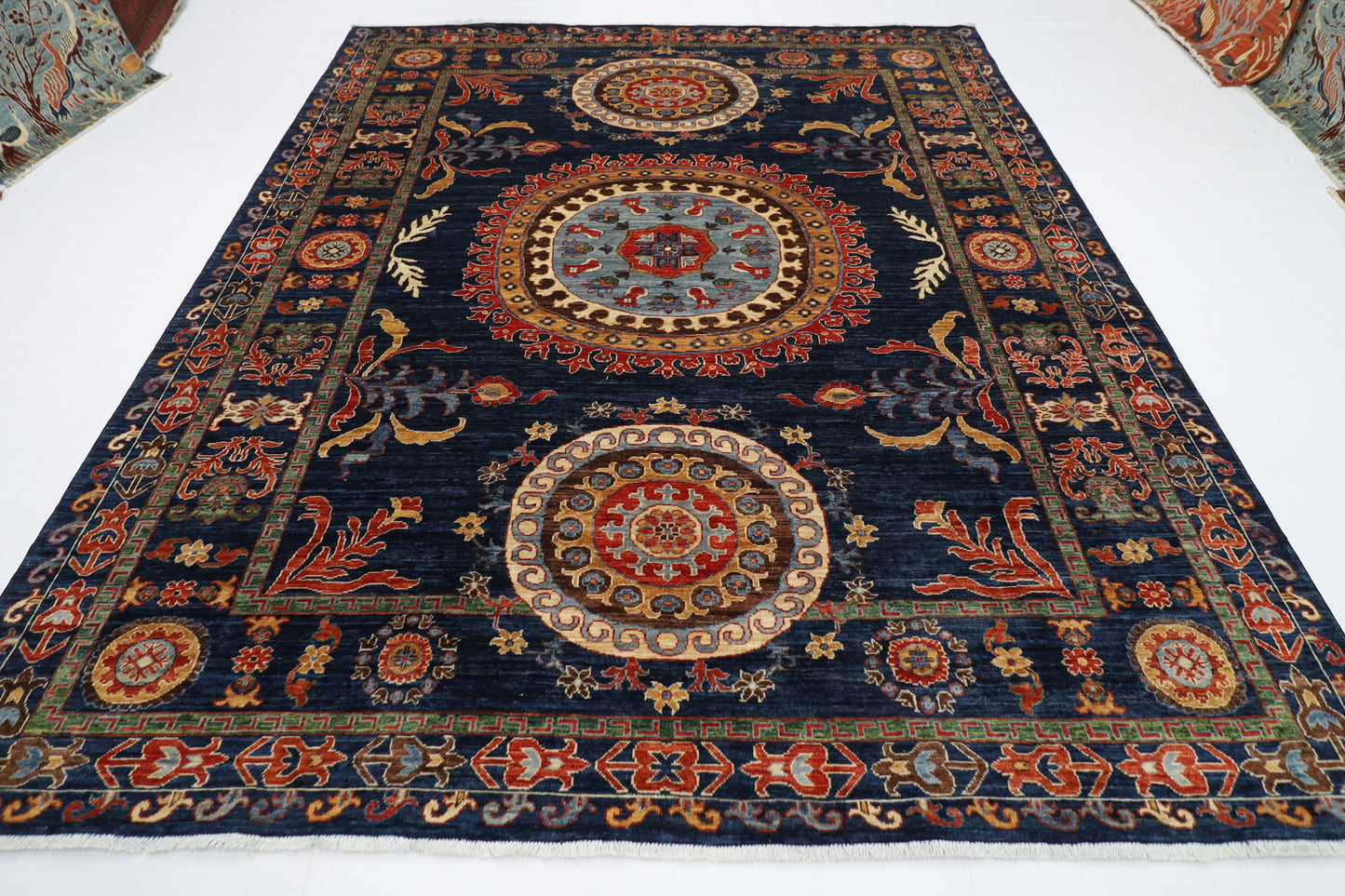 247 x 299 cm | Suzani blue Area Rug Afghan Hand Knotted veg Dye Wool carpet