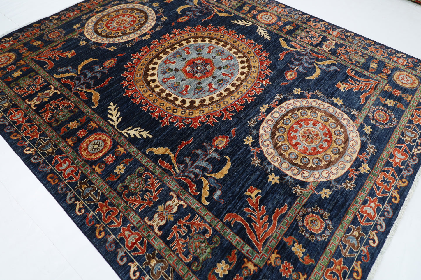 247 x 299 cm | Suzani blue Area Rug Afghan Hand Knotted veg Dye Wool carpet