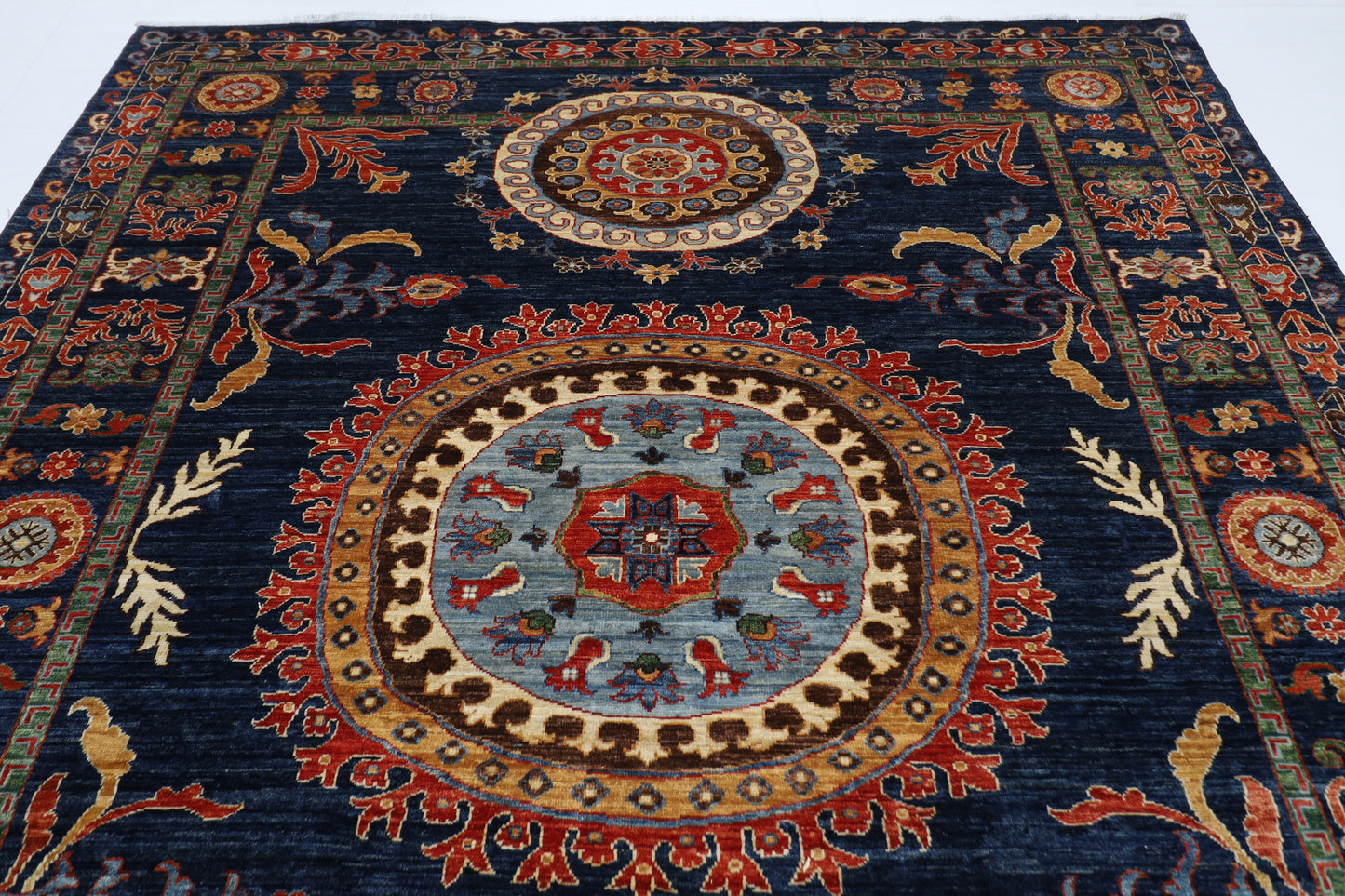 247 x 299 cm | Suzani blue Area Rug Afghan Hand Knotted veg Dye Wool carpet