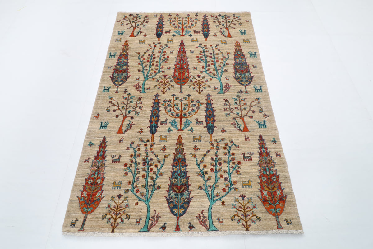 123 x 180 cm | Tree of life Gray Hand Knotted Wool Afghan Carpet