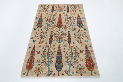123 x 180 cm | Tree of life Gray Hand Knotted Wool Afghan Carpet