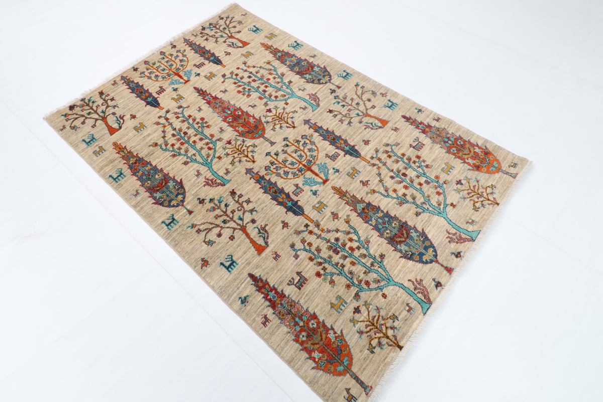 123 x 180 cm | Tree of life Gray Hand Knotted Wool Afghan Carpet