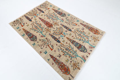 123 x 180 cm | Tree of life Gray Hand Knotted Wool Afghan Carpet
