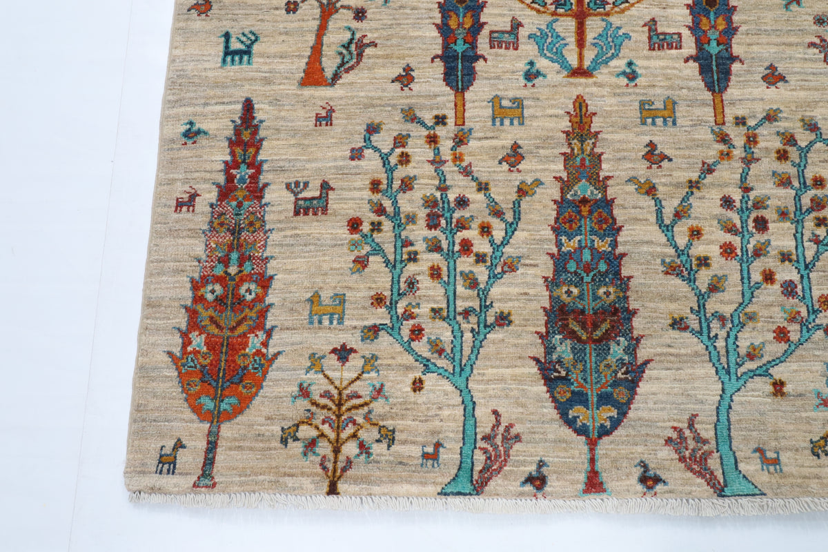 123 x 180 cm | Tree of life Gray Hand Knotted Wool Afghan Carpet
