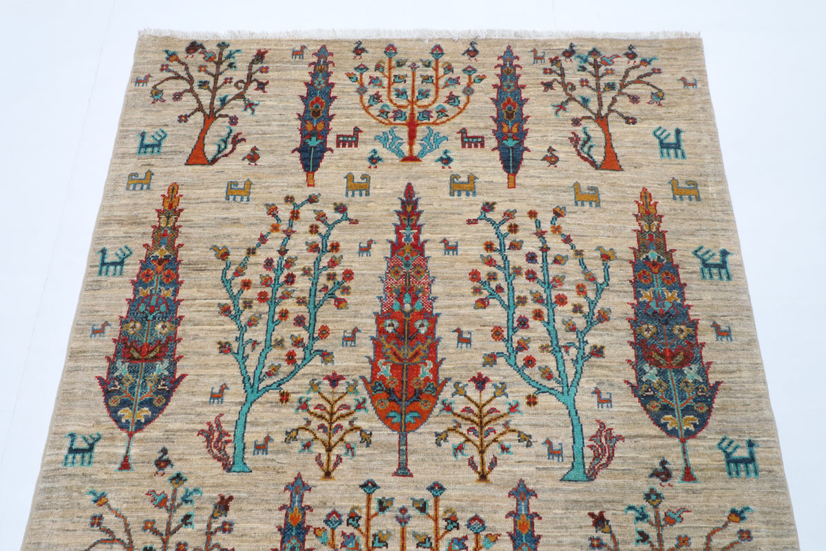 123 x 180 cm | Tree of life Gray Hand Knotted Wool Afghan Carpet