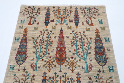 123 x 180 cm | Tree of life Gray Hand Knotted Wool Afghan Carpet
