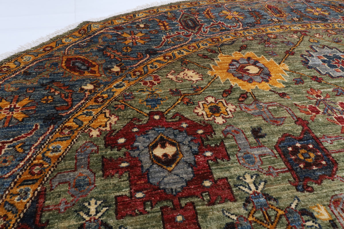246 x 242 cm | Bidjar Green Round Hand Knotted Wool Afghan Carpet