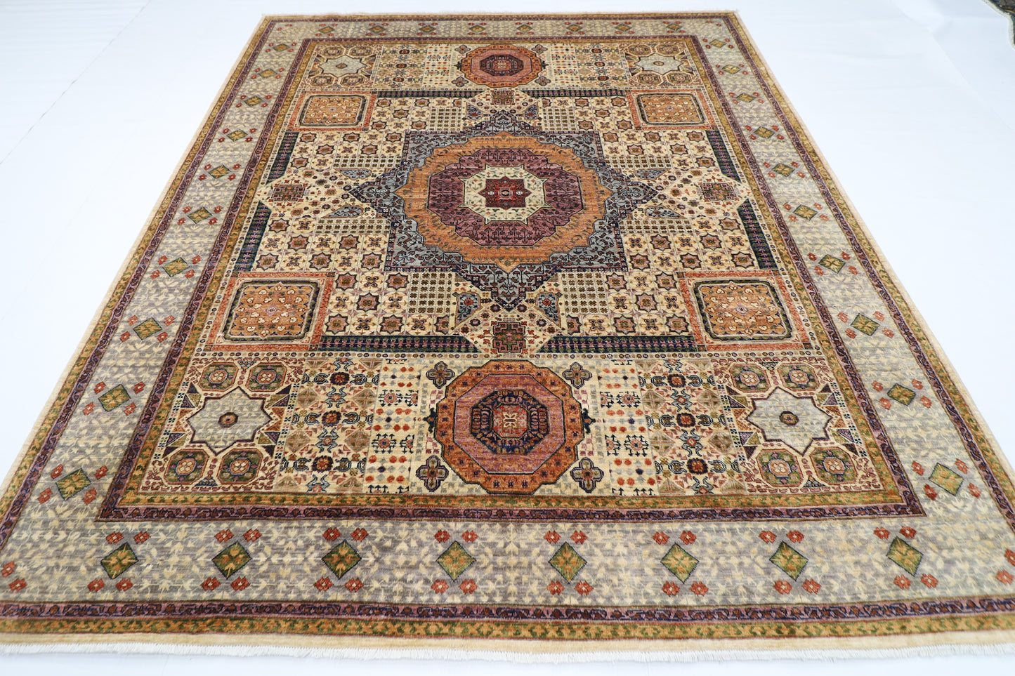 252 x 296 cm | Mamluk Beige Area Rug Afghan Hand Knotted Veg Dye Wool carpet