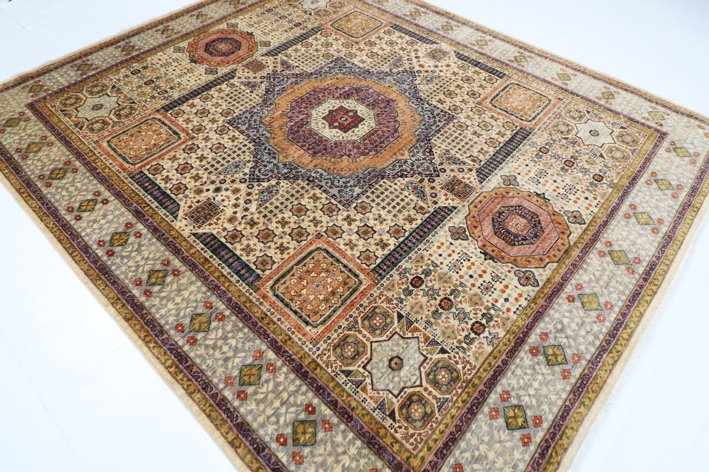 252 x 296 cm | Mamluk Beige Area Rug Afghan Hand Knotted Veg Dye Wool carpet