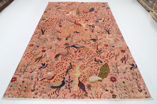 203 x 298 cm | Birds Pink Hand Knotted Wool Afghan Carpet