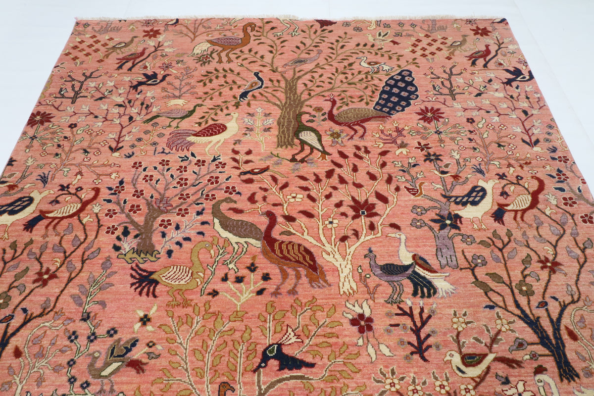 203 x 298 cm | Birds Pink Hand Knotted Wool Afghan Carpet