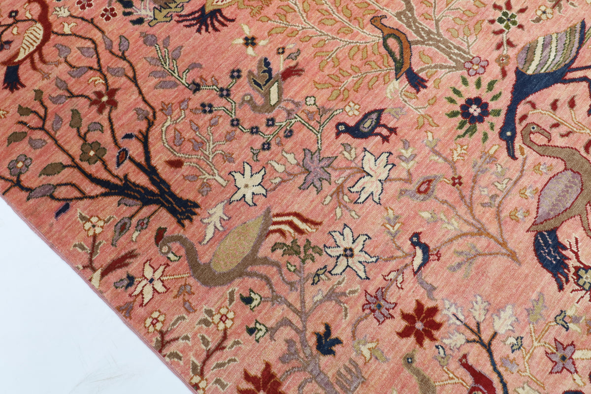 203 x 298 cm | Birds Pink Hand Knotted Wool Afghan Carpet