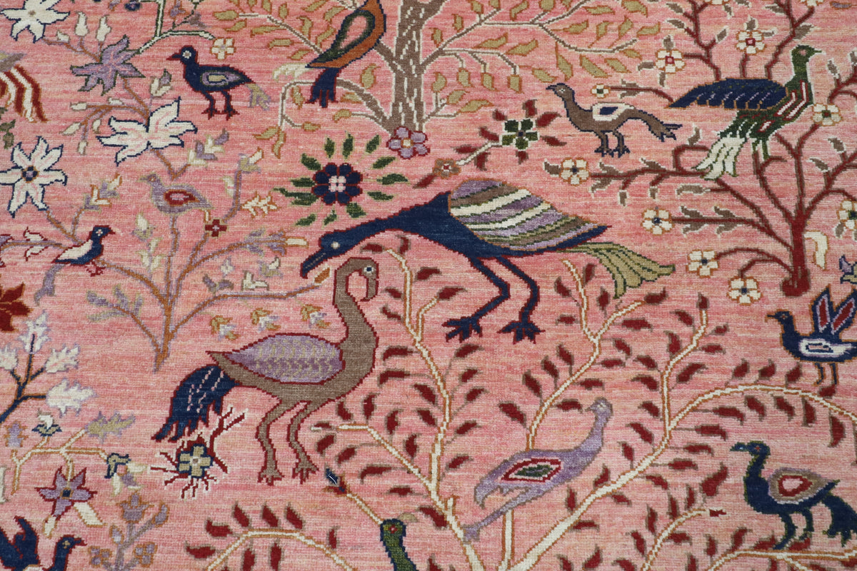 203 x 298 cm | Birds Pink Hand Knotted Wool Afghan Carpet
