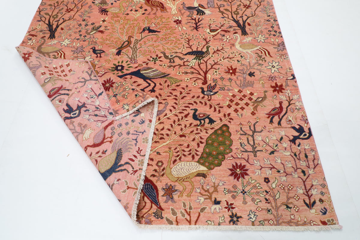 203 x 298 cm | Birds Pink Hand Knotted Wool Afghan Carpet