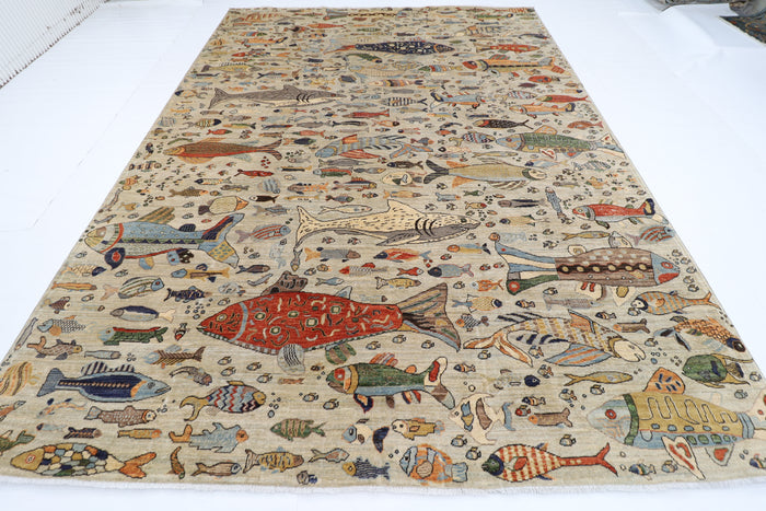 276 x 367 cm | Fish Design Area Rug Afghan Hand Knotted Veg Dye Wool carpet