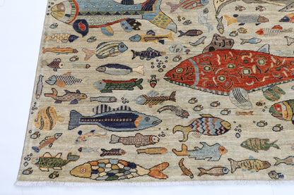 276 x 367 cm | Fish Design Area Rug Afghan Hand Knotted Veg Dye Wool carpet