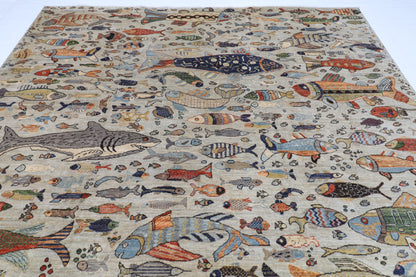 276 x 367 cm | Fish Design Area Rug Afghan Hand Knotted Veg Dye Wool carpet
