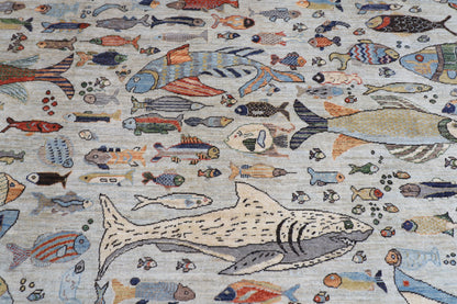 276 x 367 cm | Fish Design Area Rug Afghan Hand Knotted Veg Dye Wool carpet