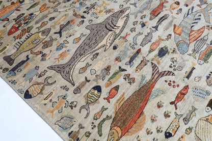 276 x 367 cm | Fish Design Area Rug Afghan Hand Knotted Veg Dye Wool carpet