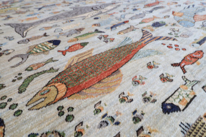 276 x 367 cm | Fish Design Area Rug Afghan Hand Knotted Veg Dye Wool carpet