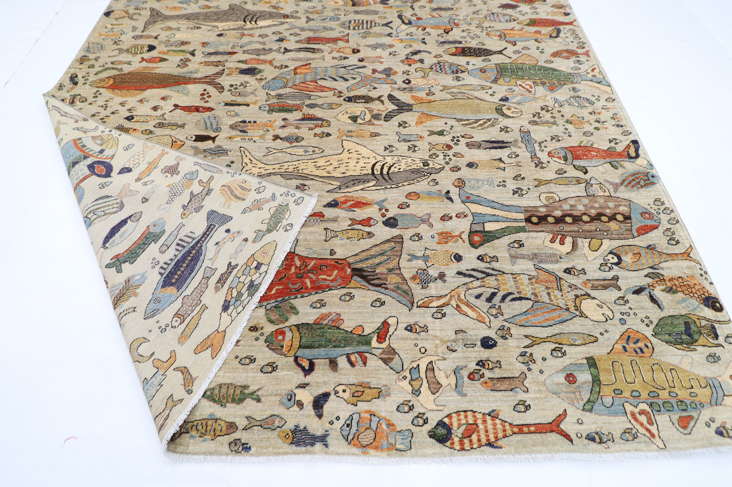 276 x 367 cm | Fish Design Area Rug Afghan Hand Knotted Veg Dye Wool carpet