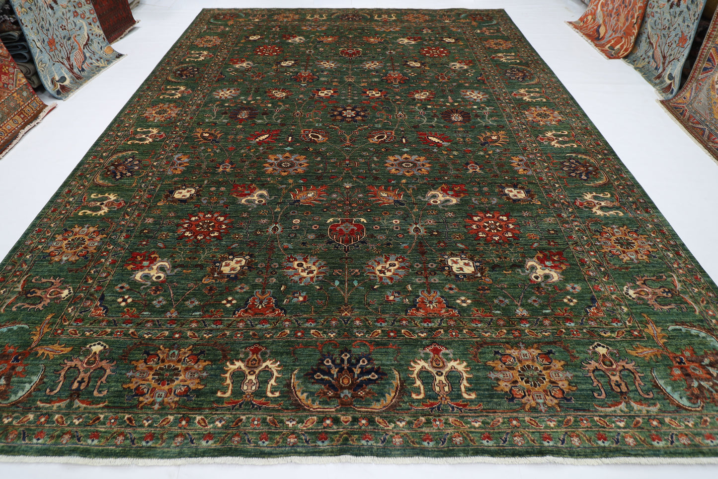 299 x 401 cm | floral Tribal green Area Rug Afghan Hand Knotted veg Dye Wool carpet