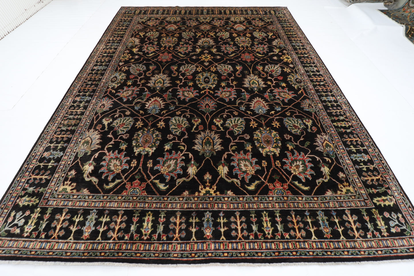 277 x 356 cm | Floral Black Area Rug Afghan Hand Knotted Veg Dye Wool carpet