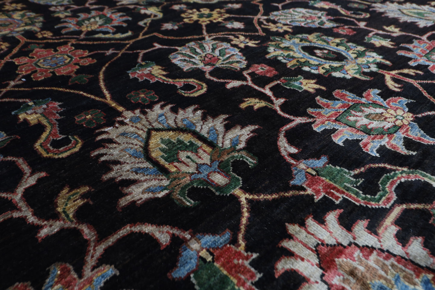 277 x 356 cm | Floral Black Area Rug Afghan Hand Knotted Veg Dye Wool carpet